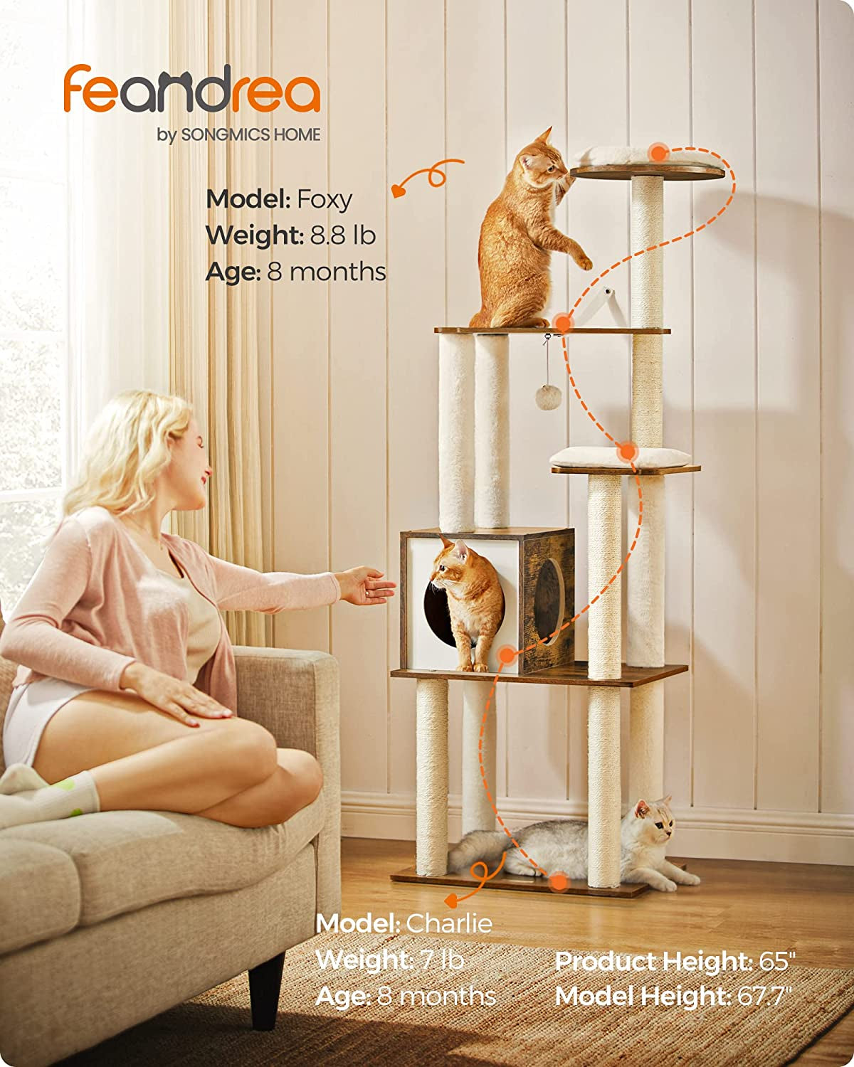 Woodywonders Cat Tree, 65-Inch Modern Cat Tower for Indoor Cats, Multi-Level Cat Condo with 5 Scratching Posts, Perch, Washable Removable Cushions, Cat Furniture, Rustic Brown UPCT166X01